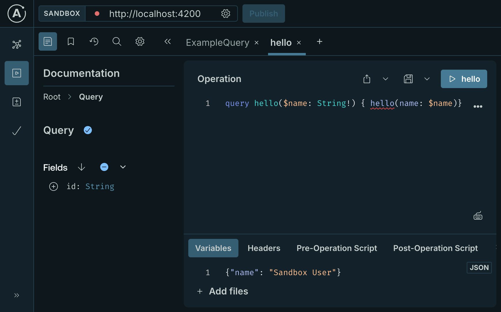 Sandbox with endpoint, document, and variables pre-populated